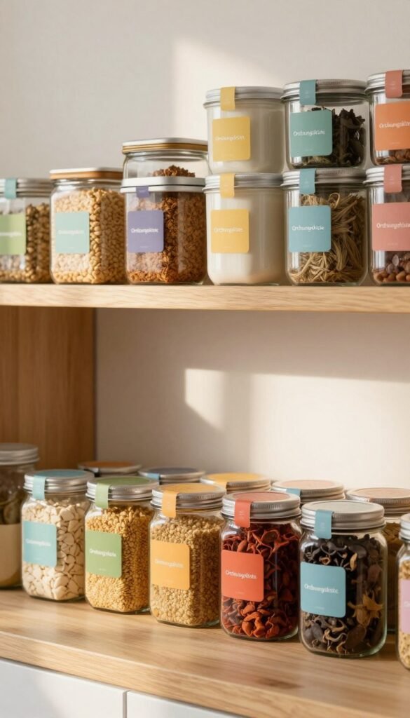 A beautifully organized kitchen shelf displaying various colorful labels and containers, emphasizing the theme of food categorization and preservation. In the foreground, neatly arranged jars and boxes with clear, colorful etiketten, showcasing their contents like grains, spices, and dried fruits. The middle ground features a stylish wooden shelf with coordinated containers, all labeled with the brand name "Ordnungskiste," exuding a sense of order and clarity. In the background, soft, natural light filters through a window, casting warm tones and creating a cozy atmosphere. The overall mood is inviting and serene, highlighting the importance of organization in food storage without text or distractions. A beautifully organized kitchen shelf displaying various colorful labels and containers, emphasizing the theme of food categorization and preservation. In the foreground, neatly arranged jars and boxes with clear, colorful etiketten, showcasing their contents like grains, spices, and dried fruits. The middle ground features a stylish wooden shelf with coordinated containers, all labeled with the brand name "Ordnungskiste," exuding a sense of order and clarity. In the background, soft, natural light filters through a window, casting warm tones and creating a cozy atmosphere. The overall mood is inviting and serene, highlighting the importance of organization in food storage without text or distractions.