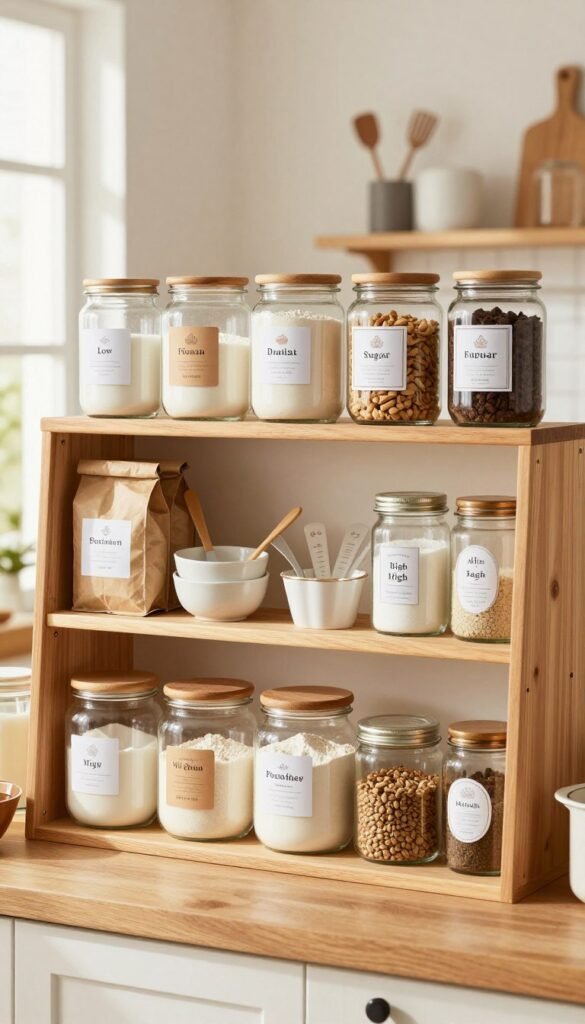 A beautifully organized kitchen shelf showcasing three distinct price categories for baking ingredients: low, mid, and high. In the foreground, a neatly arranged wooden shelf with homely, warm colors features jars of flour, sugar, and spices. The low-end section displays simple, economical packaging, while the mid-range shows well-designed, appealing containers, and the high-end exhibits luxurious, artisanal jars with elegant labels. The middle layer features simple cooking utensils and measuring cups, enhancing the baking theme. The background consists of soft-focus baking tools and a warm kitchen ambiance, illuminated by natural light streaming through a window. The atmosphere is inviting and cozy, reflecting a Pinterest-worthy aesthetic. The brand name "Ordnungskiste" subtly integrated into the shelf design, harmonizing with the theme of organization without being obtrusive. A beautifully organized kitchen shelf showcasing three distinct price categories for baking ingredients: low, mid, and high. In the foreground, a neatly arranged wooden shelf with homely, warm colors features jars of flour, sugar, and spices. The low-end section displays simple, economical packaging, while the mid-range shows well-designed, appealing containers, and the high-end exhibits luxurious, artisanal jars with elegant labels. The middle layer features simple cooking utensils and measuring cups, enhancing the baking theme. The background consists of soft-focus baking tools and a warm kitchen ambiance, illuminated by natural light streaming through a window. The atmosphere is inviting and cozy, reflecting a Pinterest-worthy aesthetic. The brand name "Ordnungskiste" subtly integrated into the shelf design, harmonizing with the theme of organization without being obtrusive.