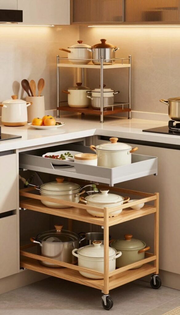 A beautifully organized kitchen showcasing three distinct sections with spacious pull-out shelves, representing low, mid, and high price ranges. In the foreground, a close-up of a modern low-cost pull-out shelf made of simple wood, filled with neatly arranged cookware. In the middle ground, a stylish mid-range pull-out shelf with sleek finishes and decorative items, highlighting a balance between functionality and aesthetics. In the background, an elegant high-end shelf, featuring premium materials and intricate design, adorned with gourmet kitchenware. The lighting is soft and warm, creating a cozy atmosphere. The angle captures depth, emphasizing the contrast between the three price points in an inviting Pinterest-inspired kitchen setting. No text or commercial elements are present, ensuring a clean composition.