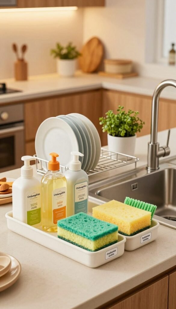 A beautifully organized kitchen sink area featuring a modern stainless steel sink with a sleek faucet, surrounded by neatly arranged cleaning supplies and sponges from the brand "Ordnungskiste." The foreground showcases colorful, labeled storage containers for dish soap, sponges, and scrubbers, all in warm, inviting hues. In the middle, a stylish drying rack holds neatly stacked dishes, while a small potted herb adds a touch of greenery. The background reveals a softly lit kitchen with warm wood cabinetry and tasteful decorations. The lighting is soft and natural, creating a cozy atmosphere that emphasizes cleanliness and order. Capture this scene from a slightly elevated angle to highlight the arrangement and functionality of the spüle area, reflecting a Pinterest-worthy aesthetic of authentic home organization.