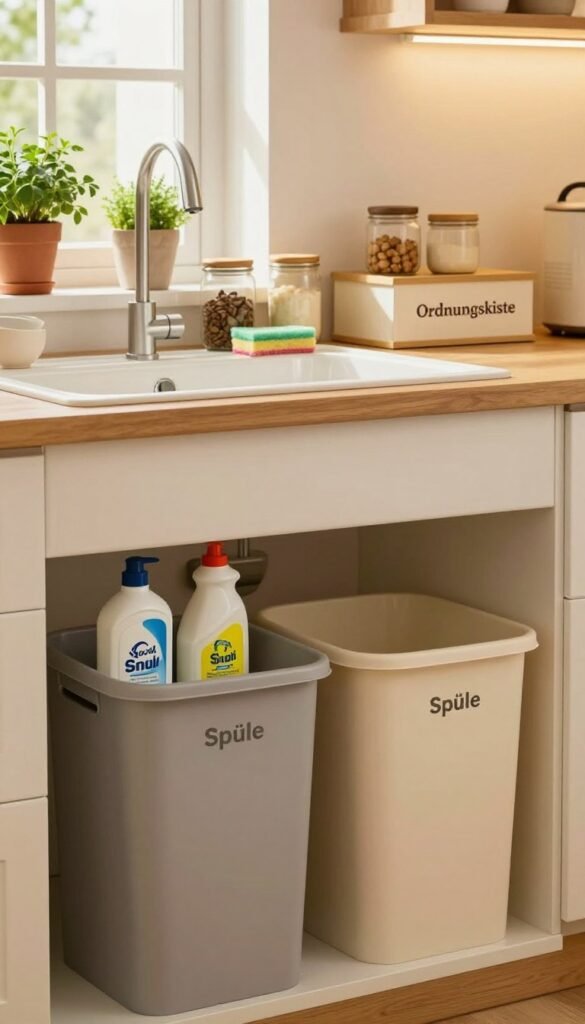 A beautifully organized kitchen sink area featuring a stylish, modern "Sp&uuml;le". In the foreground, showcase neatly stored cleaning supplies and trash separation bins with warm, inviting colors that evoke a cozy ambiance. Include a wooden shelf above the sink displaying decorative jars and a "Ordnungskiste" box for added charm. In the middle, highlight the smooth, gleaming surface of the sink reflecting soft natural light, with a view of neatly arranged dish soap and sponges. In the background, create a serene kitchen environment with soft, ambient lighting and subtle natural elements, such as potted herbs on a windowsill. The overall mood should be warm and inviting, capturing a Pinterest-worthy aesthetic that emphasizes cleanliness and organization.