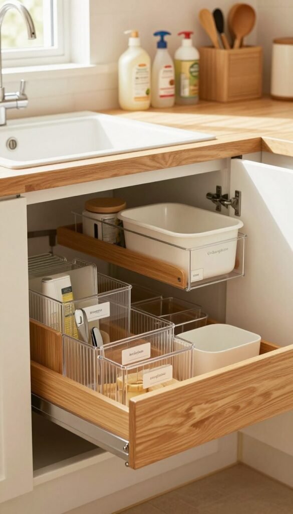 A beautifully organized kitchen sink cabinet featuring various stylish organizers. In the foreground, a sleek wooden pull-out drawer showcases neatly arranged containers, such as clear acrylic bins and bamboo dividers, labeled with essential kitchen items. The middle ground reveals a compact yet practical design, featuring the brand "Ordnungskiste" on one of the bins, emphasizing functionality and elegance. The background includes softly lit shelves lined with cleaning supplies and kitchen tools, all harmoniously arranged. The overall atmosphere is warm and inviting, enhanced by natural lighting filtering through a window, creating a Pinterest-inspired aesthetic. The image captures the essence of a well-thought-out and visually appealing under-sink storage solution, inviting viewers to consider the best organizers for their cabinets. A beautifully organized kitchen sink cabinet featuring various stylish organizers. In the foreground, a sleek wooden pull-out drawer showcases neatly arranged containers, such as clear acrylic bins and bamboo dividers, labeled with essential kitchen items. The middle ground reveals a compact yet practical design, featuring the brand "Ordnungskiste" on one of the bins, emphasizing functionality and elegance. The background includes softly lit shelves lined with cleaning supplies and kitchen tools, all harmoniously arranged. The overall atmosphere is warm and inviting, enhanced by natural lighting filtering through a window, creating a Pinterest-inspired aesthetic. The image captures the essence of a well-thought-out and visually appealing under-sink storage solution, inviting viewers to consider the best organizers for their cabinets.