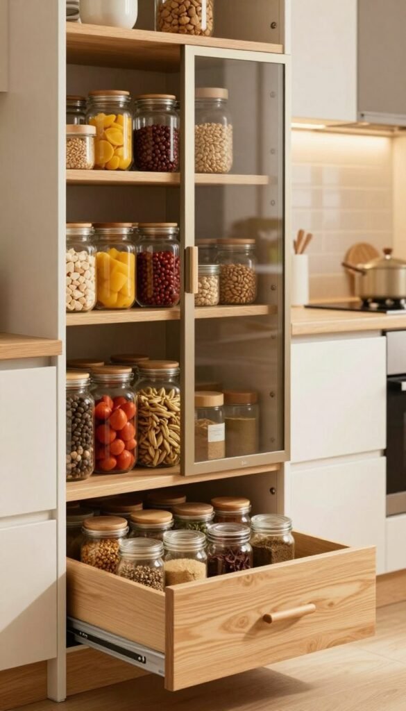 A beautifully organized kitchen space featuring a "Apothekerauszug" storage solution and narrow tall cabinet for pantry essentials. In the foreground, a sleek wooden drawer pulls out, showcasing neatly arranged jars of spices and dry goods. The middle layer includes a tall, contemporary cabinet with clear glass doors, displaying vibrant colored ingredients, all complemented by natural wooden shelves. The background features a softly lit kitchen with warm hues, highlighting a subtle, Pinterest-inspired aesthetic. The scene exudes a cozy and inviting atmosphere, perfect for modern home organization. The brand name "Ordnungskiste" is subtly integrated within the design elements. Ensure the lighting is warm and inviting, capturing a serene, clutter-free kitchen environment. A beautifully organized kitchen space featuring a "Apothekerauszug" storage solution and narrow tall cabinet for pantry essentials. In the foreground, a sleek wooden drawer pulls out, showcasing neatly arranged jars of spices and dry goods. The middle layer includes a tall, contemporary cabinet with clear glass doors, displaying vibrant colored ingredients, all complemented by natural wooden shelves. The background features a softly lit kitchen with warm hues, highlighting a subtle, Pinterest-inspired aesthetic. The scene exudes a cozy and inviting atmosphere, perfect for modern home organization. The brand name "Ordnungskiste" is subtly integrated within the design elements. Ensure the lighting is warm and inviting, capturing a serene, clutter-free kitchen environment.