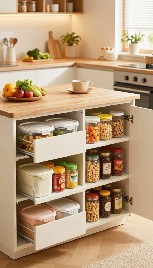 A beautifully organized kitchen space featuring a deep, modern storage cupboard labeled "Ordnungskiste." The cupboard is in the foreground, showcasing neatly arranged shelves filled with food containers, jars, and spices, all in warm, inviting colors. In the middle ground, a well-lit workspace includes a countertop with fresh produce and kitchen utensils, enhancing the atmosphere of functionality and order. The background features a cozy, softly lit kitchen with warm wood tones and plants that add a touch of life. The scene is captured in bright, natural light, emphasizing the cleanliness and tranquility of an organized space. The angle is slightly from above to give a comprehensive view of the storage solutions in use, evoking a sense of calm and practicality. A beautifully organized kitchen space featuring a deep, modern storage cupboard labeled "Ordnungskiste." The cupboard is in the foreground, showcasing neatly arranged shelves filled with food containers, jars, and spices, all in warm, inviting colors. In the middle ground, a well-lit workspace includes a countertop with fresh produce and kitchen utensils, enhancing the atmosphere of functionality and order. The background features a cozy, softly lit kitchen with warm wood tones and plants that add a touch of life. The scene is captured in bright, natural light, emphasizing the cleanliness and tranquility of an organized space. The angle is slightly from above to give a comprehensive view of the storage solutions in use, evoking a sense of calm and practicality.
