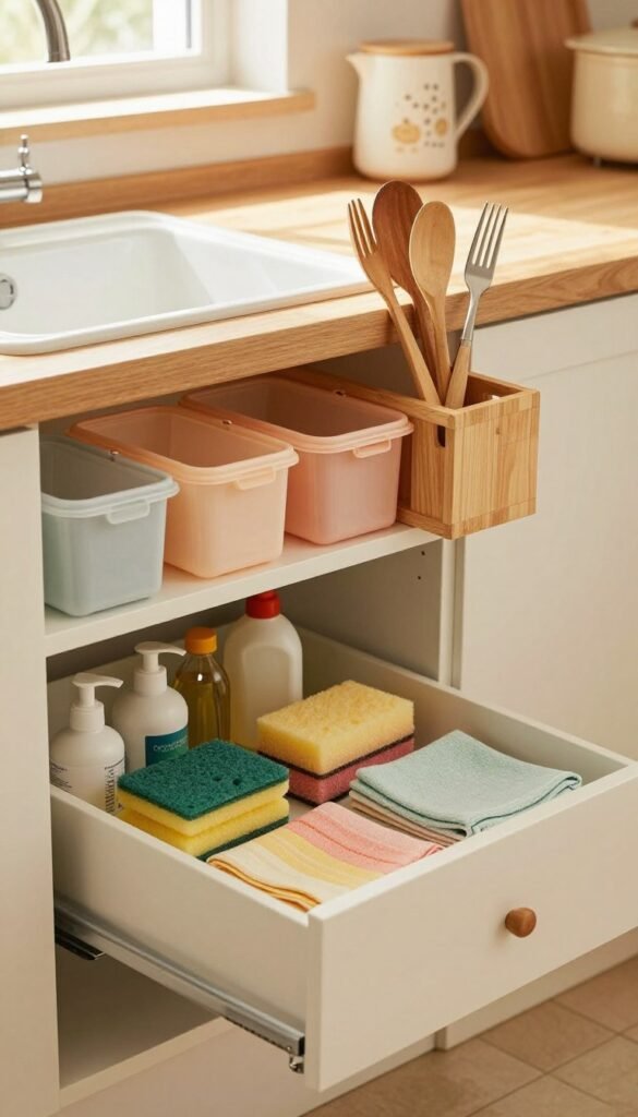 A beautifully organized kitchen space featuring a spülenunterschrank (sink cabinet) with various stylish and functional organizers from the brand "Ordnungskiste." In the foreground, showcase a pull-out drawer filled with neatly arranged cleaning supplies, a soft sponge, and colorful dish towels. In the middle, display a versatile stack of plastic bins and a wooden caddy holding utensils, all in warm, inviting colors, reflecting a Pinterest-inspired aesthetic. The background should hint at a cozy kitchen with warm lighting filtering through a nearby window, creating a friendly atmosphere. Use a shallow depth of field to keep the focus on the organizers, emphasizing their practicality and design. Aim for a natural look, capturing the essence of order and homeliness without any text or distractions. A beautifully organized kitchen space featuring a spülenunterschrank (sink cabinet) with various stylish and functional organizers from the brand "Ordnungskiste." In the foreground, showcase a pull-out drawer filled with neatly arranged cleaning supplies, a soft sponge, and colorful dish towels. In the middle, display a versatile stack of plastic bins and a wooden caddy holding utensils, all in warm, inviting colors, reflecting a Pinterest-inspired aesthetic. The background should hint at a cozy kitchen with warm lighting filtering through a nearby window, creating a friendly atmosphere. Use a shallow depth of field to keep the focus on the organizers, emphasizing their practicality and design. Aim for a natural look, capturing the essence of order and homeliness without any text or distractions.