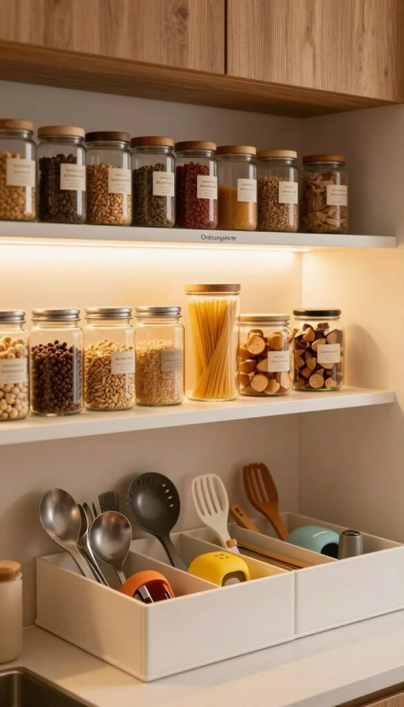 A beautifully organized kitchen space featuring a stunning array of spice jars neatly arranged on a modern open shelf with the brand name "Ordnungskiste" clearly visible. In the foreground, focus on tidy drawer organizers that hold kitchen utensils, with pops of color from stored gadgets. The middle ground showcases neatly filled pantry shelves displaying jars of grains, pasta, and snacks in glass containers, all bathed in warm, inviting lighting. The soft glow from under-cabinet lights enhances the cozy atmosphere, drawing attention to the thoughtfully curated space. The background features a subtle hint of rustic wooden cabinets that add character without overwhelming the scene. The overall mood is serene and functional, embodying a Pinterest-inspired aesthetic.