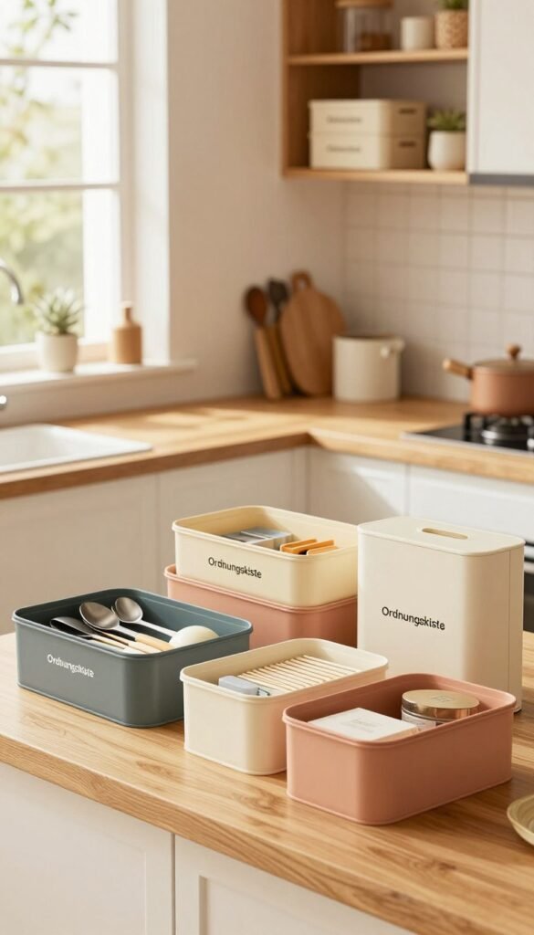 A beautifully organized kitchen space featuring a variety of "Ordnungskiste" storage boxes in different sizes, showcasing their versatility and functionality. In the foreground, have an array of colorful kitchen boxes neatly arranged on a light wooden countertop, each box opened to reveal neatly organized kitchen utensils and pantry items. The middle ground should show a modern, well-lit kitchen with warm colors, emphasizing natural lighting filtering through a window, creating a cozy atmosphere. In the background, display shelves filled with more "Ordnungskiste" boxes, illustrating efficient space usage and organization. The scene should evoke a sense of calm and order, typical of a Pinterest-inspired interior, focusing on minimalism and practicality, without any text or logos visible.