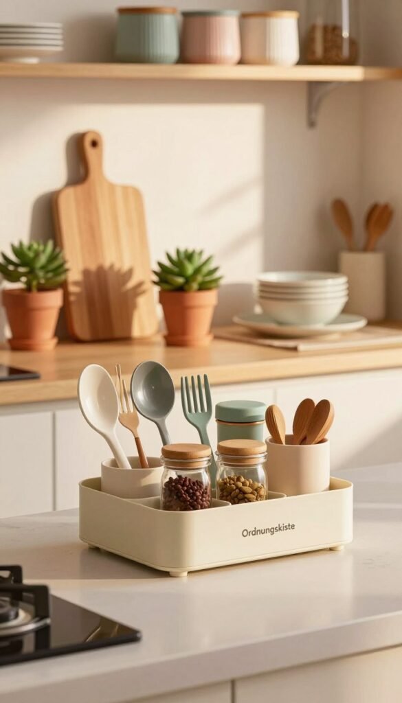 A beautifully organized kitchen space featuring a variety of kitchen helpers and space-saving solutions. In the foreground, a sleek and modern "Ordnungskiste" organizer neatly holds utensils, spices, and small gadgets, all in harmonious pastel colors. The middle ground showcases a tidy countertop with wooden cutting boards, succulents in terracotta pots, and stylish dishware. In the background, soft-focus shelves display neatly stacked containers, adding to the overall organized feel. The lighting is warm and inviting, simulating late afternoon sunlight, which casts gentle shadows and highlights the textures of the materials. The mood is calm and inspirational, reflecting a Pinterest-worthy aesthetic of authenticity and warmth.