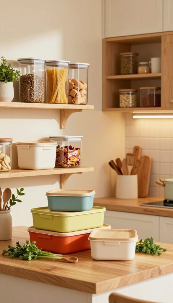 A beautifully organized kitchen space, showcasing a variety of practical kitchen boxes in different sizes, all made from eco-friendly materials. In the foreground, a wooden countertop displays neatly stacked kitchen boxes in vibrant colors, with fresh herbs and kitchen tools artistically arranged around them. In the middle, open shelves reveal more containers filled with pasta, spices, and snacks, emphasizing accessibility and order. The background includes a softly lit kitchen with warm, natural colors, highlighting a charming atmosphere. The lighting is soft and diffused, creating an inviting feel, as if the kitchen is the heart of the home. The image captures a Pinterest-worthy aesthetic, focusing on functionality and style without any text or distractions. A beautifully organized kitchen space, showcasing a variety of practical kitchen boxes in different sizes, all made from eco-friendly materials. In the foreground, a wooden countertop displays neatly stacked kitchen boxes in vibrant colors, with fresh herbs and kitchen tools artistically arranged around them. In the middle, open shelves reveal more containers filled with pasta, spices, and snacks, emphasizing accessibility and order. The background includes a softly lit kitchen with warm, natural colors, highlighting a charming atmosphere. The lighting is soft and diffused, creating an inviting feel, as if the kitchen is the heart of the home. The image captures a Pinterest-worthy aesthetic, focusing on functionality and style without any text or distractions.