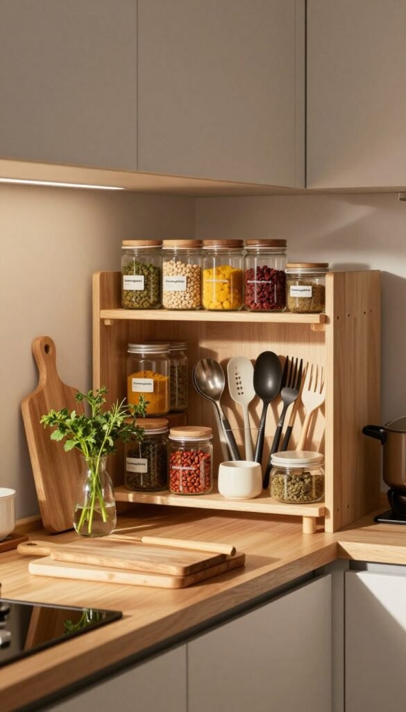 A beautifully organized kitchen space showcasing the principles of optimal kitchen organization. In the foreground, a sleek wooden countertop displays neatly arranged cutting boards and a vase of fresh herbs. In the middle, an open shelving unit reveals glass jars filled with colorful spices and an array of utensils from the brand "Ordnungskiste," all perfectly organized. The background features modern kitchen appliances with warm, natural lighting illuminating the scene, creating a cozy atmosphere. Soft shadows cast by the sunlight enhance the warmth and authenticity of the image, inviting viewers to imagine a clutter-free, efficient cooking space. The overall mood is tranquil and inviting, embodying the essence of a well-ordered kitchen.