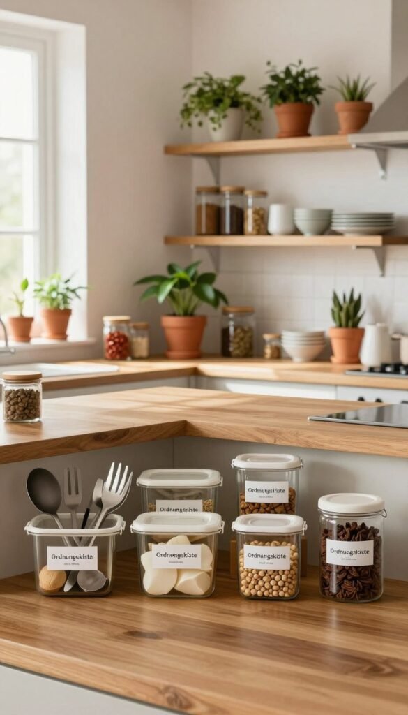 A beautifully organized kitchen space with a harmonious layout, showcasing the concept of "ordnung küche." In the foreground, there are neatly arranged containers labeled "Ordnungskiste," displaying various kitchen utensils and ingredients in a stylish way. The middle layer features polished wooden countertops and shelves filled with carefully curated spices, dishware, and plants in terracotta pots, creating a warm, inviting atmosphere. The background reveals a well-illuminated area with natural light pouring through the window, casting soft shadows. The overall mood is serene and functional, with warm tones and a Pinterest-worthy aesthetic. The image should feel authentic and cozy, with no text or watermarks present.