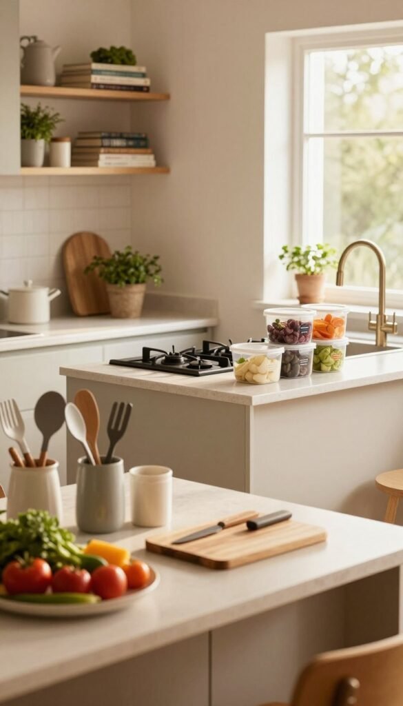 A beautifully organized kitchen that showcases designated work areas for specific tasks. In the foreground, a well-maintained counter with neatly arranged kitchen utensils, cutting boards, and colorful vegetables, all illuminated by warm, natural light streaming through a window. In the middle, a functional zone featuring a stylish kitchen island with a built-in stove and a set of organized containers labeled with the brand "Ordnungskiste", emphasizing organization. The background reveals shelves with neatly stacked cookbooks and herbs, creating an inviting atmosphere. The entire scene harmonizes with soft, earthy colors and a cozy ambiance, evoking a sense of order and productivity in the kitchen without any text or distractions.