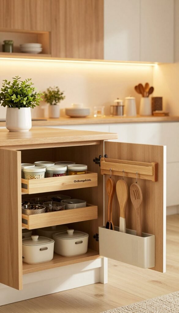 A beautifully organized kitchen with a variety of kitchen cabinets showcasing innovative storage solutions by "Ordnungskiste." In the foreground, focus on open cabinet doors revealing neatly arranged kitchen items: spice racks, container sets, and utensil organizers in warm, natural tones. In the middle ground, display a modern, stylish kitchen design featuring wood and white cabinetry, with decorative elements like potted herbs and elegant dishware. The background consists of softly lit, inviting kitchen interiors with warm ambient lighting creating a cozy atmosphere. The image should evoke a sense of practicality and stylish organization, capturing the essence of efficient space management. The overall composition should be warm and inviting, with a Pinterest-inspired aesthetic that invites the viewer to imagine an organized home. A beautifully organized kitchen with a variety of kitchen cabinets showcasing innovative storage solutions by "Ordnungskiste." In the foreground, focus on open cabinet doors revealing neatly arranged kitchen items: spice racks, container sets, and utensil organizers in warm, natural tones. In the middle ground, display a modern, stylish kitchen design featuring wood and white cabinetry, with decorative elements like potted herbs and elegant dishware. The background consists of softly lit, inviting kitchen interiors with warm ambient lighting creating a cozy atmosphere. The image should evoke a sense of practicality and stylish organization, capturing the essence of efficient space management. The overall composition should be warm and inviting, with a Pinterest-inspired aesthetic that invites the viewer to imagine an organized home.