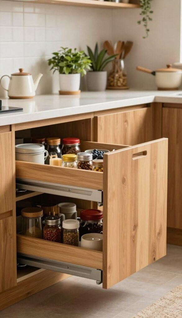 A beautifully organized kitchen with an emphasis on "Ordnungskiste" pull-out cabinet drawers, showcasing efficient use of space within under-counter cabinets. In the foreground, neatly arranged kitchen tools and spices in the pull-out drawers, highlighting their accessibility and functionality. The middle layer features stylish cabinets in warm wood tones with soft, natural lighting that enhances the inviting atmosphere. The background reveals a modern kitchen design with a cozy, Pinterest-inspired aesthetic, filled with plants and decorative elements. The composition captures a feeling of warmth and order, ideal for a relaxed yet efficient cooking environment. The overall mood is one of sophistication and practicality without any textual elements or distractions in the image. A beautifully organized kitchen with an emphasis on "Ordnungskiste" pull-out cabinet drawers, showcasing efficient use of space within under-counter cabinets. In the foreground, neatly arranged kitchen tools and spices in the pull-out drawers, highlighting their accessibility and functionality. The middle layer features stylish cabinets in warm wood tones with soft, natural lighting that enhances the inviting atmosphere. The background reveals a modern kitchen design with a cozy, Pinterest-inspired aesthetic, filled with plants and decorative elements. The composition captures a feeling of warmth and order, ideal for a relaxed yet efficient cooking environment. The overall mood is one of sophistication and practicality without any textual elements or distractions in the image.