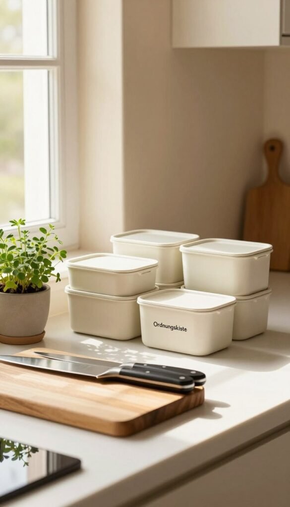 A beautifully organized kitchen workspace, featuring a clean, minimalist kitchen counter with a few essential, aesthetically pleasing items. In the foreground, display a stylish wooden cutting board, a sleek set of knives, and a small herb pot for a touch of greenery. The middle of the scene should showcase a well-structured arrangement of containers from the brand "Ordnungskiste," emphasizing a tidy and functional look. In the background, a softly lit window allows natural sunlight to pour in, illuminating the warm-colored walls with a cozy feel. Use a shallow depth of field to keep the focus on the foreground items, creating an inviting atmosphere. Ensure the image captures a Pinterest-inspired vibe, reflecting authenticity with warm colors and no text or distractions.