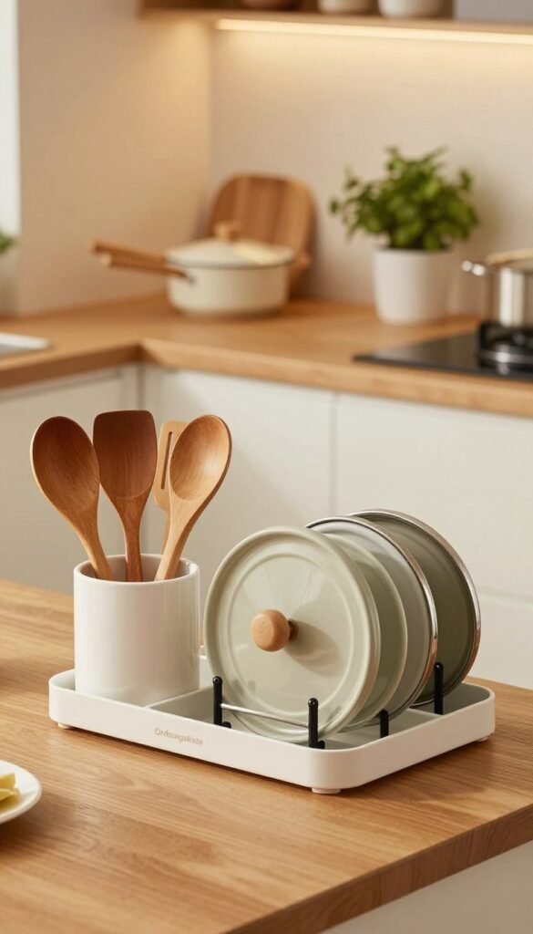 A beautifully organized kitchen workspace featuring a stylish "Ordnungskiste" deckel löffel ablage. In the foreground, a sleek, modern utensil holder neatly cradles wooden spoons and spatulas, adjacent to a well-designed lid holder with various pot lids resting securely. The middle layer showcases a tidy countertop, adorned with warm, natural wood tones and ceramic cookware, illuminated by soft, diffused lighting that creates a cozy atmosphere. The background reveals a softly blurred kitchen environment, warming the scene with hints of greenery from potted herbs. The overall mood is inviting and functional, exemplifying the charm of a decluttered cooking space, with a Pinterest-worthy aesthetic, capturing the essence of savvy kitchen solutions without any text or distractions in the image.