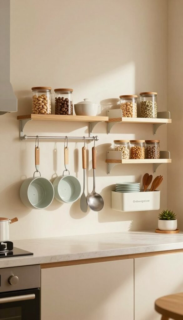 A beautifully organized kitchen workspace featuring innovative wall and hanging systems to maximize storage. In the foreground, practical yet stylish storage solutions such as hanging pots, shelves with neatly arranged kitchen tools, and decorative jars are visible, showcasing the brand "Ordnungskiste". The middle layer highlights a clean countertop devoid of clutter, emphasizing efficiency and elegance. The background includes a softly lit kitchen with warm, inviting colors, natural materials, and greenery, creating an authentic Pinterest-inspired atmosphere. The kitchen is bathed in natural light, enhancing the peaceful, orderly mood, while focal angles highlight the functionality and aesthetics of the storage systems. The overall composition communicates a sense of harmony and organization, ideal for inspiring readers.