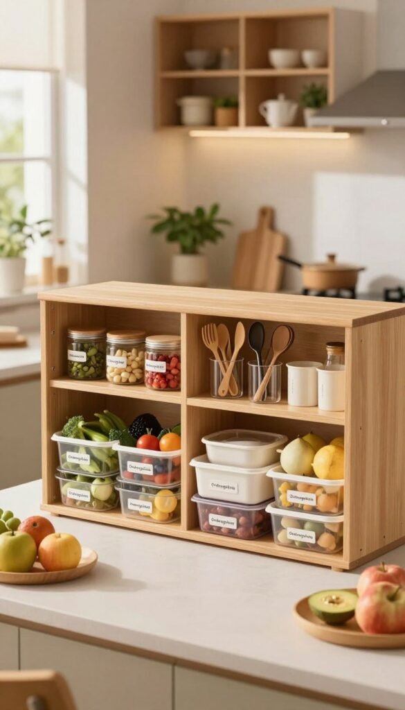 A beautifully organized kitchen workspace reflecting the "zonen ordnungssystem," showcasing various zones dedicated to specific culinary tasks. In the foreground, a neatly arranged countertop features colorful fruits and vegetables in organized containers labeled 'Ordnungskiste', emphasizing the system of order. The middle ground depicts well-structured cabinet spaces with labeled jars, utensils, and cooking tools, all in harmonious warm tones. In the background, a softly lit kitchen with wooden accents and plants adds a cozy atmosphere, complemented by natural light filtering in through a window. Capture the image with a shallow depth of field to focus on the organized kitchen space, evoking a sense of tranquility and efficiency—perfectly embodying the idea of chaos-free culinary work zones.
