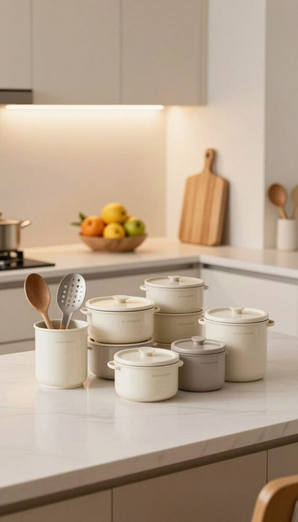 A beautifully organized kitchen workspace, showcasing a pristine kitchen countertop with a minimalist design. In the foreground, neatly arranged kitchen tools and containers branded "Ordnungskiste", highlighting an efficient storage solution. In the middle ground, a well-lit area with a bowl of fresh fruits and a cutting board made of natural wood, exuding warmth and inviting ambiance. The background features modern cabinetry with soft, natural colors, enhancing the cozy yet functional atmosphere. Soft, diffused lighting creates a welcoming glow throughout the scene, suggesting a serene environment. The overall mood is peaceful and organized, ideal for illustrating the importance of keeping the workspace free and clutter-free.