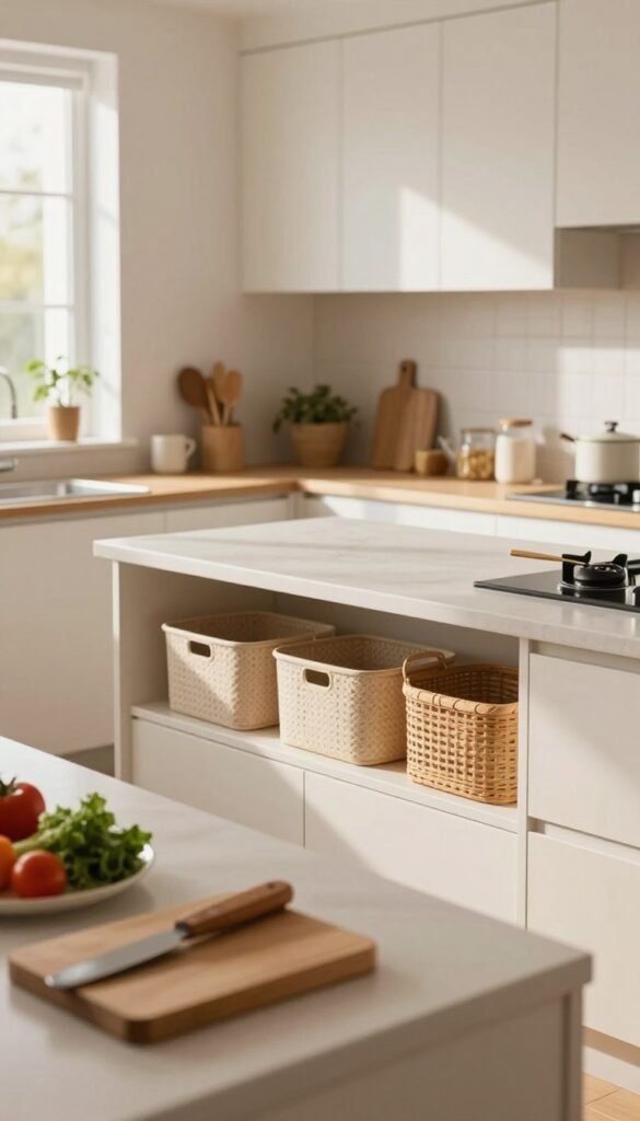A beautifully organized kitchen workspace that exudes calmness and functionality, showcasing a clean, decluttered countertop. In the foreground, there are neatly arranged kitchen tools and a stylish cutting board with fresh vegetables, hinting at culinary creativity. The middle ground features a spacious kitchen island with elegant storage solutions like decorative baskets and sliding drawers, emphasizing minimalism. The background reveals soft, natural lighting filtering through a window, casting warm tones across white cabinets and subtle wood accents. The atmosphere is inviting and serene, perfect for showcasing products that bring order and tranquility to a chaotic kitchen. The entire scene captures a Pinterest-inspired aesthetic, creating an authentic, polished look without any text or distractions.