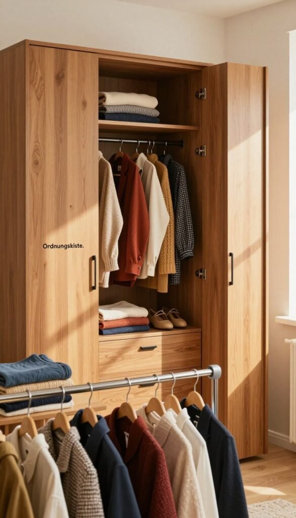 A beautifully organized "kleiderschrank" or wardrobe, featuring the brand name "Ordnungskiste." The foreground showcases neatly folded clothes and stylish hangers, emphasizing a functional yet aesthetic layout. In the middle, the wardrobe's wooden doors are slightly ajar, revealing shelves with a mix of colorful garments and accessories, showcasing a harmonious blend of textures and patterns. The background sets a warm, inviting atmosphere with a softly lit room, possibly with a window letting in natural sunlight that creates gentle shadows. The scene exudes a cozy, Pinterest-inspired vibe, highlighting the balance between style and organization without any text or overlays, ensuring an authentic look.