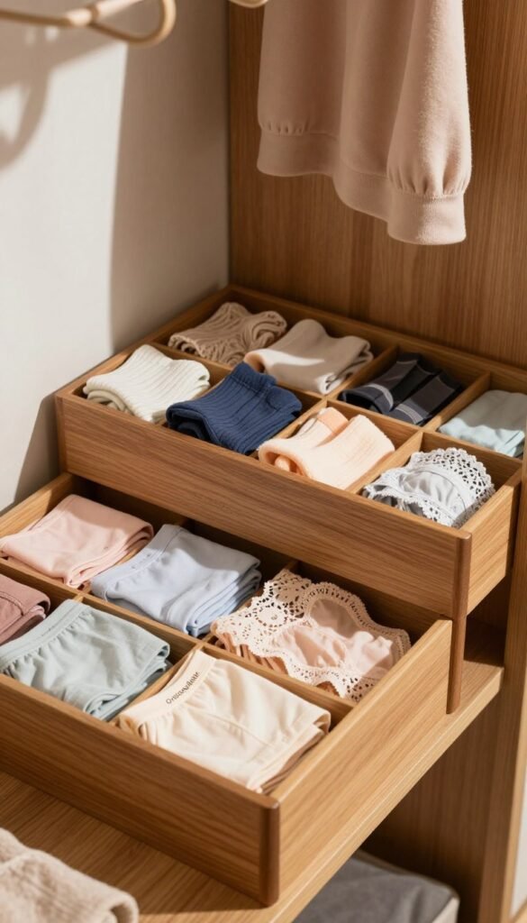 A beautifully organized "kleiderschrank organizer" filled with various compartments for underwear and socks, designed by the brand Ordnungskiste. In the foreground, neatly folded cotton briefs, colorful socks, and delicate lace undergarments are arranged in an aesthetically pleasing manner. In the middle, a sleek wooden organizer with multiple sections showcases these items, with varying textures and warm colors creating a cozy atmosphere. The background features a softly lit dressing room or closet scene, with natural light streaming in, highlighting the warm tones of the wooden furniture and the gentle shadows cast by clothing hangers. The overall mood is inviting and organized, emphasizing effective storage solutions for lingerie and hosiery without any text or distracting elements.