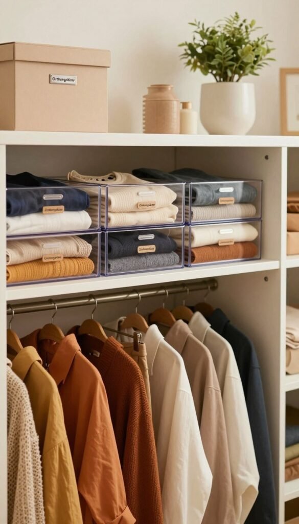 A beautifully organized "kleiderschrank" showcasing a stylish wardrobe filled with neatly folded clothes and elegant storage boxes with the brand name "Ordnungskiste" displayed prominently. In the foreground, vibrant, warm-toned clothing items like blouses, trousers, and sweaters create a cozy feel. The middle layer features clear, well-structured compartments filled with the brand&rsquo;s attractive storage solutions, emphasizing functionality and design. The background consists of a subtle, softly-lit room, adorned with minimalistic decor and natural elements like potted plants, creating a serene atmosphere. Soft, diffused lighting enhances the warmth and depth of the scene, capturing the Pinterest-worthy aesthetic. The perspective is slightly angled to showcase depth, inviting viewers to appreciate the orderliness and elegance of the space.
