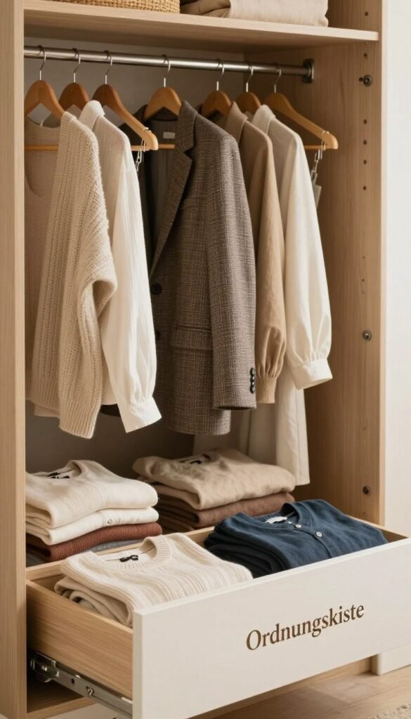 A beautifully organized "kleiderschrank" showcasing neatly folded clothes and hanging garments, emphasizing a clutter-free environment. In the foreground, a well-arranged drawer is partially open, revealing color-coordinated sweaters and shirts in soft, natural fabrics. The middle space features elegant hangers holding various types of attire, including a tailored blazer and casual dresses, all in warm color tones. The background should depict a soft-lit interior with wooden shelving and a warm ambiance, creating a cozy atmosphere. The overall mood is serene and inviting, highlighting an efficient clothing storage solution. Include a stylish label reading "Ordnungskiste" on the front of the wardrobe, enhancing the theme of organization. Ensure the lighting is soft and warm, evoking a Pinterest-inspired aesthetic for a natural look without any text overlay.