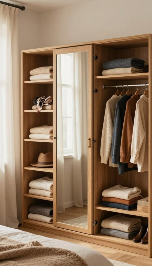 A beautifully organized "kleiderschrank" styled in a cozy, warm-toned bedroom. In the foreground, showcase a spacious, well-lit wardrobe with neatly arranged clothes in various colors, hinting at an inviting and stress-free morning routine. Include wooden shelves displaying folded sweaters and a few personal accessories like scarves and hats for added character. In the middle ground, the wardrobe doors are slightly ajar, revealing a mirror reflecting soft natural light coming from a nearby window. The background features a softly painted wall with light, airy curtains fluttering in a gentle breeze, creating a calming atmosphere. The image should evoke a sense of order and tranquility, aligning it with the brand "Ordnungskiste." No text or symbols to maintain focus on the visual appeal.