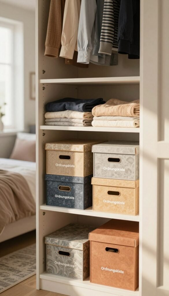 A beautifully organized kleiderschrank (wardrobe) interior showcasing a variety of neatly arranged storage boxes branded "Ordnungskiste". In the foreground, focus on a set of colorful storage boxes, emphasizing their textures and designs, creatively integrated into the wardrobe shelves. In the middle, display a well-organized closet with neatly folded clothes and hangers, illustrating a clutter-free environment. In the background, softly blurred, a cozy bedroom ambiance filtered with warm, natural light streaming through a window, casting gentle shadows. The lens captures the scene from a slightly elevated angle, evoking a harmonious and serene atmosphere, perfect for showcasing efficient storage solutions. The overall mood radiates tranquility and inspiration, ideal for anyone seeking organization in their space. A beautifully organized kleiderschrank (wardrobe) interior showcasing a variety of neatly arranged storage boxes branded "Ordnungskiste". In the foreground, focus on a set of colorful storage boxes, emphasizing their textures and designs, creatively integrated into the wardrobe shelves. In the middle, display a well-organized closet with neatly folded clothes and hangers, illustrating a clutter-free environment. In the background, softly blurred, a cozy bedroom ambiance filtered with warm, natural light streaming through a window, casting gentle shadows. The lens captures the scene from a slightly elevated angle, evoking a harmonious and serene atmosphere, perfect for showcasing efficient storage solutions. The overall mood radiates tranquility and inspiration, ideal for anyone seeking organization in their space.