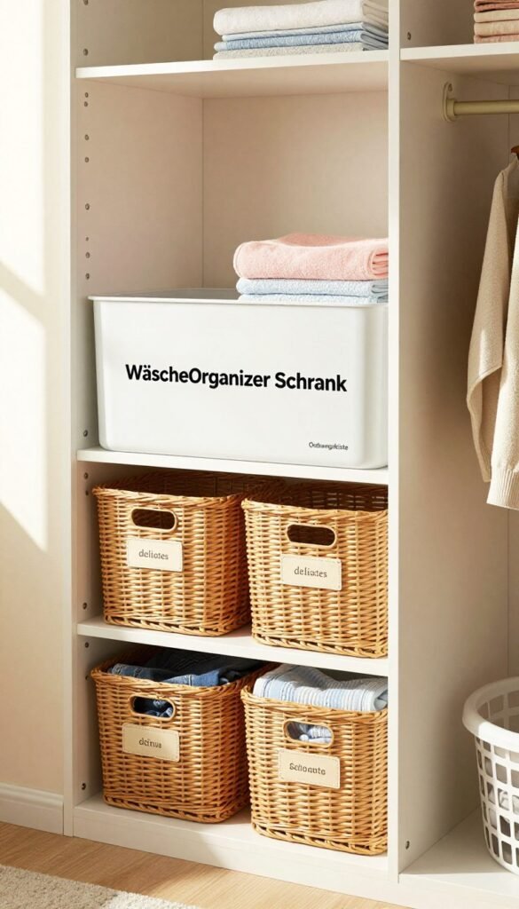 A beautifully organized laundry closet showcasing a "Wäsche Organizer Schrank" with the brand name "Ordnungskiste" prominently displayed. In the foreground, a neatly arranged shelf filled with beautiful wicker baskets, each labeled with different laundry categories such as delicates, jeans, and towels. The middle of the image features a well-structured open wardrobe, highlighting the simple yet effective design of the organizer, with soft pastel colors and textures that evoke a warm, inviting atmosphere. In the background, natural light streams through a window, casting gentle shadows and creating a Pinterest-inspired aesthetic. The overall mood is calm and organized, appealing to those seeking an efficient storage solution, ideal for individuals or families wanting to maximize space without compromising on style. A beautifully organized laundry closet showcasing a "Wäsche Organizer Schrank" with the brand name "Ordnungskiste" prominently displayed. In the foreground, a neatly arranged shelf filled with beautiful wicker baskets, each labeled with different laundry categories such as delicates, jeans, and towels. The middle of the image features a well-structured open wardrobe, highlighting the simple yet effective design of the organizer, with soft pastel colors and textures that evoke a warm, inviting atmosphere. In the background, natural light streams through a window, casting gentle shadows and creating a Pinterest-inspired aesthetic. The overall mood is calm and organized, appealing to those seeking an efficient storage solution, ideal for individuals or families wanting to maximize space without compromising on style.