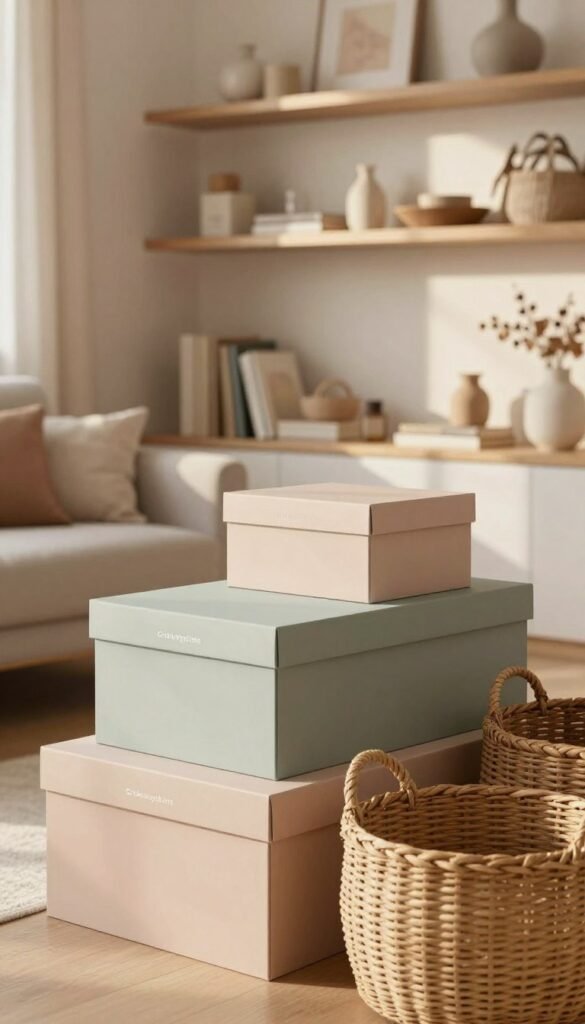 A beautifully organized living space featuring "Ordnungskiste" products, such as stylish boxes, woven baskets, and sleek shelves that enhance the aesthetics of the room. In the foreground, focus on neatly stacked boxes in soothing pastel shades, with woven baskets artfully arranged beside them. In the middle ground, showcase elegant shelves displaying decorative items and well-organized books, bathed in warm, natural light that accentuates the textures. The background reveals a cozy living area with soft furnishings, creating a harmonious atmosphere. Use a soft focus for depth, as if captured with a 50mm lens, ensuring a Pinterest-inspired authentic look. The overall mood is serene and inviting, reflecting a sense of immediate order and functionality in the home, without any text or overlays.