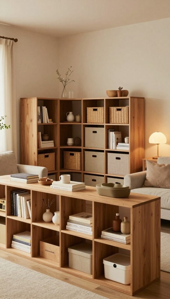 A beautifully organized living space featuring various storage solutions from the brand "Ordnungskiste". In the foreground, showcase a stylish shelving unit made from natural wood, filled with neatly arranged books, boxes, and decorative items. In the middle, display a cozy corner with a modern, multi-compartment storage system, blending functionality with aesthetics, highlighting materials like woven baskets and soft fabrics. In the background, create a warm ambiance with soft, diffused lighting to emphasize the inviting atmosphere of the room. Use a wide-angle lens perspective to capture the depth and harmony of the space, complemented by soft earth tones and warm lighting, evoking a sense of order and tranquility perfect for residential living.