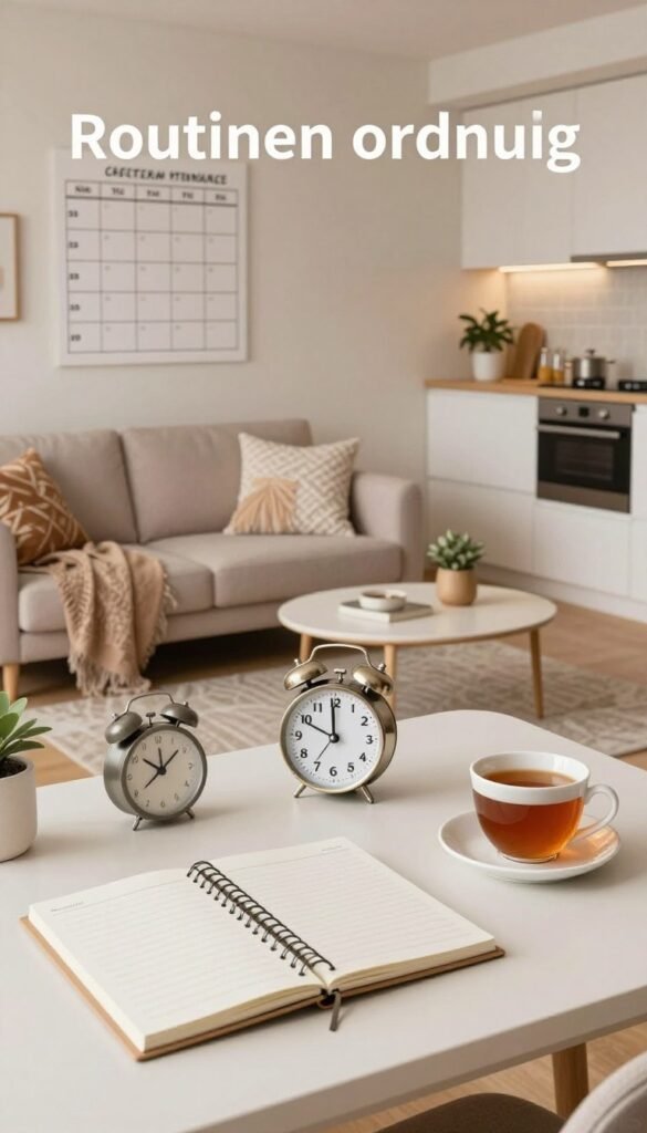 A beautifully organized living space showcasing the concept of "Routinen ordnung" with a focus on practical routines. Foreground: a neatly arranged desk with a planner and a small clock highlighting the three-minute rule, alongside a refreshing cup of tea. Middle: a cozy living room featuring a well-structured 30-minute reset area, with a soft couch adorned with decorative pillows, and a tidy coffee table. Background: a gently lit kitchen with a visible cleaning schedule on the wall, embodying a productive cleaning plan. The atmosphere is warm and inviting, infused with natural light that highlights soft earth tones. The image reflects a modern Pinterest aesthetic, free of any text or logos except a subtle "Ordnungskiste" branding on one of the decor items.