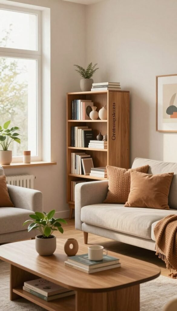 A beautifully organized living space showcasing the concept of "wohnung dauerhaft ordentlich." In the foreground, a stylish coffee table neatly arranged with decorative items and a small indoor plant. The middle features a well-organized bookshelf labeled "Ordnungskiste," with various books and minimalist decor, conveying a sense of orderliness. In the background, large windows allow natural light to flood the room, highlighting warm colors that create an inviting atmosphere. Soft, textured cushions adorn a carefully arranged sofa that enhances the cozy feel. The room is styled with Pinterest-inspired elements, featuring tasteful art on the walls and a calm, harmonious palette. The lighting should be soft and warm, evoking a sense of comfort and tranquility, ideal for a well-maintained home environment.