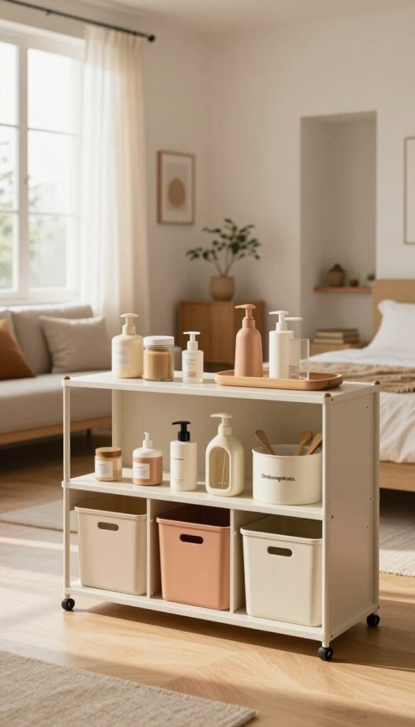 A beautifully organized minimalist room featuring a stylish storage system branded "Ordnungskiste." In the foreground, a sleek, modern shelving unit showcases neatly stored kitchen and bathroom essentials, artistically arranged in warm, natural colors. The middle ground displays a cozy living area with tasteful decorations and ample light streaming through a large window, casting soft shadows. In the background, subtle elements suggest a tranquil bedroom and functional hallway, all harmonizing in a Pinterest-worthy aesthetic. The lighting is soft and inviting, creating a serene atmosphere that emphasizes simplicity and efficiency. The overall scene is clean, uncluttered, and focused on showcasing the versatile storage solutions in a real-life setting, promoting a sense of calm and order without any text or branding overlays.