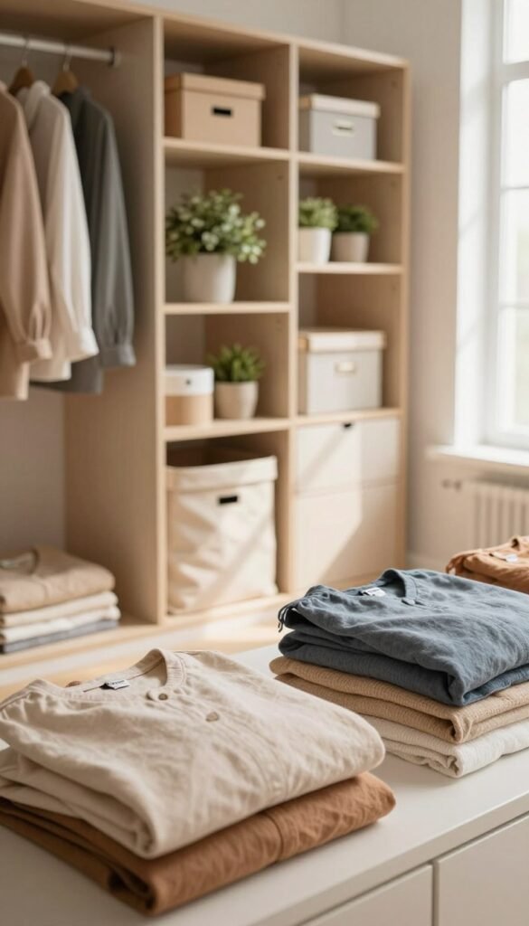 A beautifully organized minimalist wardrobe featuring the brand "Ordnungskiste". In the foreground, neatly arranged folded garments in warm colors, such as soft pastels and earthy tones, showcasing a variety of fabrics like cotton and linen. The middle section reveals a spacious, open wardrobe with shelves displaying stylish storage boxes and small potted plants for greenery. The background consists of a softly illuminated room with natural light streaming in from a window, casting gentle shadows that enhance the feeling of warmth and serenity. The atmosphere is calming and inviting, promoting a sense of order and simplicity. The overall look should reflect a Pinterest-worthy aesthetic, emphasizing functionality without DIY elements, capturing the essence of efficient storage solutions in a modern home.