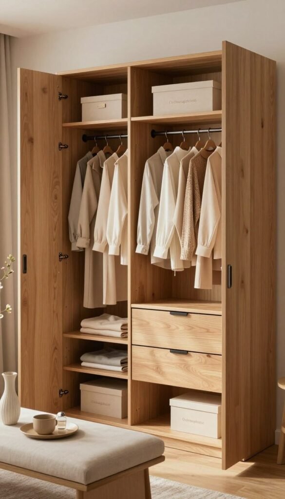 A beautifully organized minimalist wardrobe (kleiderschrank) as the focal point, showcasing an array of neatly hung clothing in soft, muted colors, with an emphasis on harmony and simplicity. In the foreground, a stylish bench is adorned with a few well-placed accessories, hinting at a curated lifestyle. The middle layer includes the wardrobe's wooden doors slightly ajar, revealing neatly arranged shelves with folded garments and a couple of elegant boxes labeled "Ordnungskiste." In the background, a tastefully decorated room with warm, natural lighting illuminates the space, casting a soft glow. The scene should evoke a sense of tranquility and order, with an inviting Pinterest-like aesthetic. The angle should be slightly elevated to capture the beauty and organization within the wardrobe while maintaining an authentic and warm atmosphere.