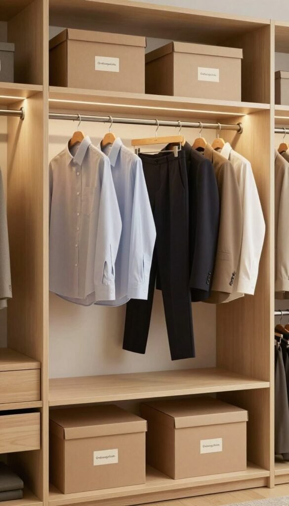 A beautifully organized minimalist wardrobe showcasing a variety of stylish storage solutions, emphasizing the concept of "Ordnungskiste." In the foreground, neatly arranged shelves with labeled boxes in warm, natural colors. The middle layer features a well-organized clothing rack displaying professional and modest casual attire, with items like shirts, trousers, and jackets hung in an orderly fashion. In the background, soft ambient lighting creates a cozy atmosphere, highlighting the clean lines of the wardrobe. A gentle focus on the arrangement captures the essence of a well-structured, functional space designed for efficient organization. The overall mood reflects tranquility and simplicity, ideal for promoting a systematic approach to wardrobe organization, all without any text or branding visible in the image.