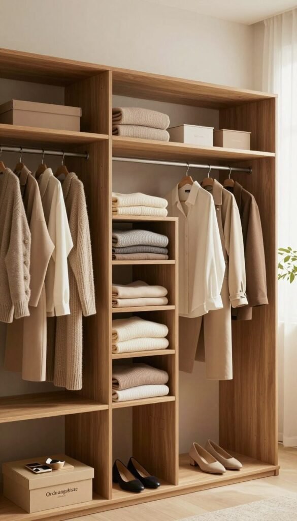 A beautifully organized minimalistic wardrobe, or "kleiderschrank," filled with neatly hung clothes in harmonious earth tones, showcasing a few versatile pieces that can be mixed and matched. The wardrobe features sleek wooden shelves and compartments, reflecting a contemporary design with clean lines and an uncluttered appearance. In the foreground, a stylish pair of shoes and an accessory box labeled "Ordnungskiste" sit neatly beside the wardrobe. The middle section reveals an array of neatly folded sweaters and a couple of hanging shirts, creating an inviting and practical ambiance. The background is softly blurred, suggesting a cozy, well-lit room with natural light filtering through a window, casting warm tones and a serene atmosphere. The overall image should feel aspirational yet attainable, showcasing simplicity and order without any text or distractions.