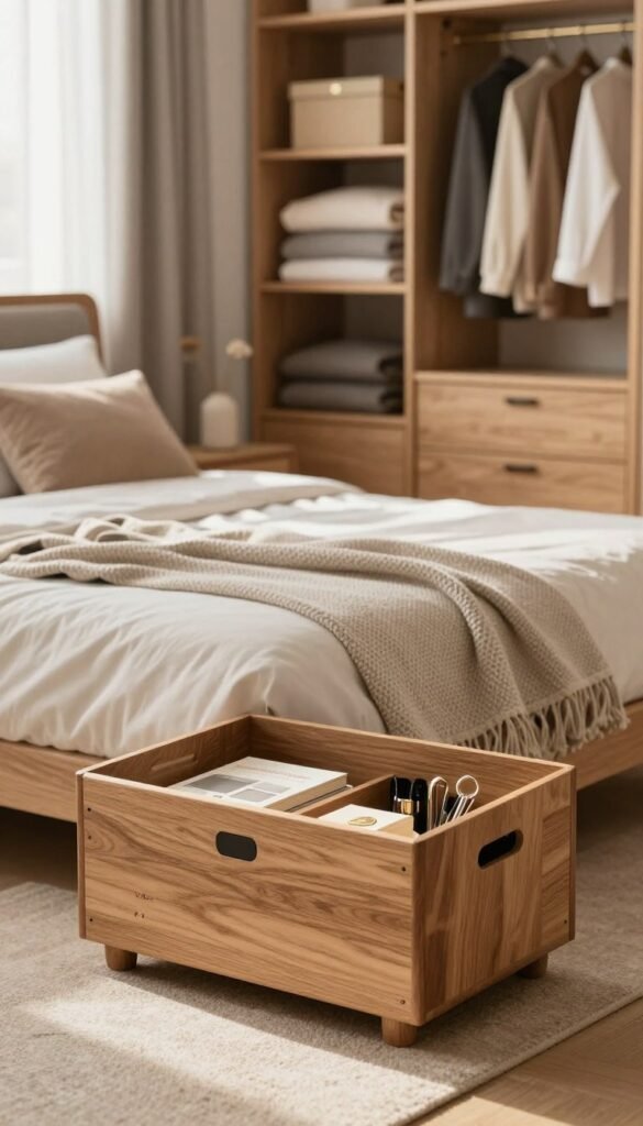 A beautifully organized, modern bedroom showcasing space-saving storage solutions in warm, natural tones. In the foreground, a stylish wooden Ordnungskiste storage box sits neatly on a bedside table, holding small items like books and accessories. The middle ground features a neatly made bed with textured pillows and a soft throw, accentuated by minimalistic decor. In the background, a well-arranged wardrobe with open shelves displays neatly folded clothes and decorative boxes, emphasizing a tidy lifestyle. Soft, diffused sunlight filters through sheer curtains, creating a cozy and inviting atmosphere. The scene captures the essence of practical organization amidst a serene, clutter-free environment, evoking a sense of peace and orderliness.
