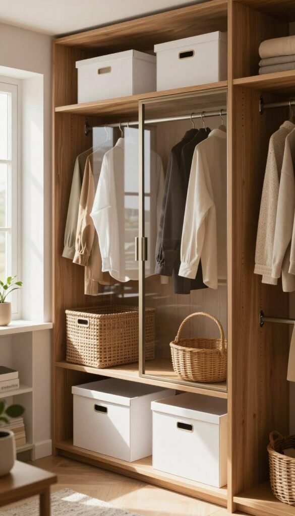 A beautifully organized modern closet system designed by "Ordnungskiste," showcasing vertical space utilization. In the foreground, neatly arranged shelves hold pristine white storage boxes and stylish baskets, harmonizing with warm wood tones. The middle layer features a tall, sleek wardrobe with glass doors, reflecting neatly folded clothes and accessories inside. The background softly fades into a well-lit room with natural light streaming through a window, casting gentle shadows. The atmosphere is calm and inviting, perfect for demonstrating efficient storage solutions. The overall aesthetic is natural and warm, resembling a Pinterest-inspired interior design photo, with no text or overlaid graphics.
