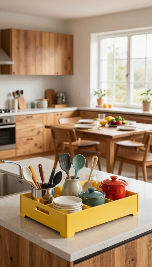 A beautifully organized modern kitchen, featuring a spacious layout with warm wooden cabinetry and sleek countertops. In the foreground, a vibrant array of kitchen tools and utensils neatly arranged in a stylish Ordnungskiste, symbolizing effective organization. The middle ground showcases an uncluttered dining area with a rustic wooden table set for a meal, and fresh ingredients artistically displayed. In the background, large windows allow soft natural light to flood the space, illuminating the warm tones. The atmosphere is inviting and calm, evoking a sense of harmony and order. The image captures the essence of decluttering and organization, encouraging viewers to envision a functional kitchen without distractions like text or logos.