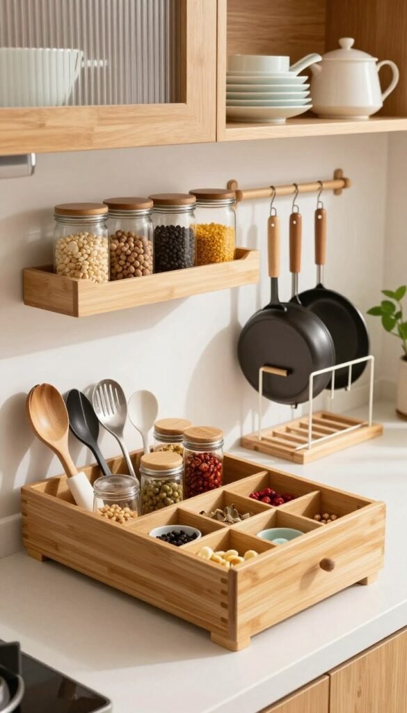 A beautifully organized modern kitchen featuring a variety of kitchen organizers. In the foreground, showcase a sleek bamboo drawer organizer with compartments for utensils, spice jars, and kitchen gadgets. In the middle, display a minimalist wall-mounted shelf with glass jars holding ingredients, alongside a stylish pot rack displaying pans and cooking utensils. The background features open cabinets with neatly arranged dishware and a hint of a clean countertop with a plant, creating a warm and inviting atmosphere. Use soft, natural lighting to highlight the wood textures and bright colors of the ingredients. Capture the scene from a slightly elevated angle to emphasize the organization and flow of the kitchen space. Focus on a Pinterest-worthy aesthetic with authentic, warm tones.