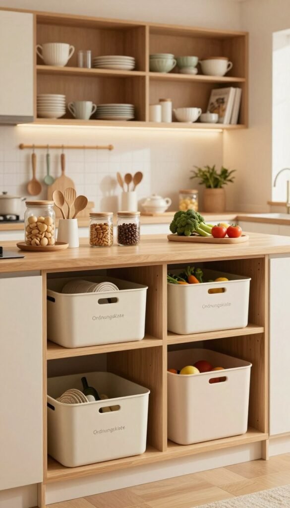 A beautifully organized modern kitchen with ample storage solutions. In the foreground, highlight stylish storage boxes labeled "Ordnungskiste," showcasing their sleek, functional design. In the middle ground, display a countertop filled with various kitchen essentials like jars, utensils, and fresh ingredients, emphasizing an uncluttered look. In the background, include chic open shelving displaying neatly arranged dinnerware and cookbooks, all bathed in warm, inviting light that creates a cozy atmosphere. The kitchen should embody a Pinterest-worthy aesthetic, featuring natural wood textures and soft pastel colors, inviting viewers to envision a serene culinary space. The overall mood is warm and welcoming, perfect for anyone seeking effective storage ideas without the use of drawers.