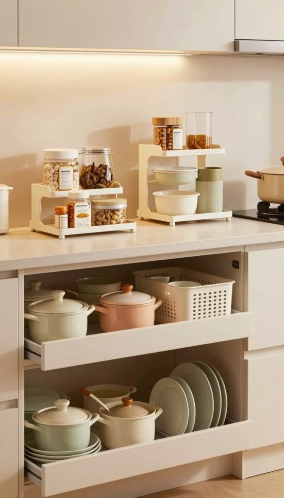 A beautifully organized modern kitchen without traditional drawers, showcasing innovative storage solutions featuring ready-made products by "Ordnungskiste." In the foreground, elegant, minimalistic shelves display neatly arranged kitchenware, including pots, plates, and pantry items, all in warm, inviting colors. The middle ground highlights practical container systems cleverly integrated into the kitchen design, such as tiered racks and stylish baskets that convey functionality without compromising aesthetics. The background features soft, ambient lighting that bathes the scene in a cozy glow, enhancing the warm colors and creating a Pinterest-worthy ambiance. The overall atmosphere is inviting and inspiring, perfect for showcasing multifunctional spaces designed for effortless organization without the clutter of drawers.