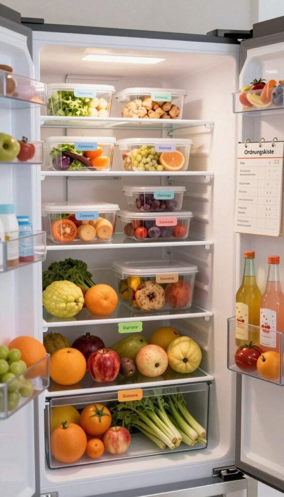 A beautifully organized modern refrigerator showcasing an array of vibrant, fresh food items. In the foreground, display neatly arranged fruits and vegetables, with colorful labels for easy identification. Layered in the middle, shelves filled with clear storage containers, each labeled, neatly organized with leftovers, snacks, and beverages. In the background, the refrigerator door features a magnetic organization system with notes and meal planning ideas. The scene is bathed in soft, warm lighting that highlights the freshness of the food and creates an inviting atmosphere. Capture this cozy, Pinterest-inspired kitchen setting, emphasizing an efficient organization system ideal for multiple users. Include the brand name "Ordnungskiste" subtly integrated into the design.