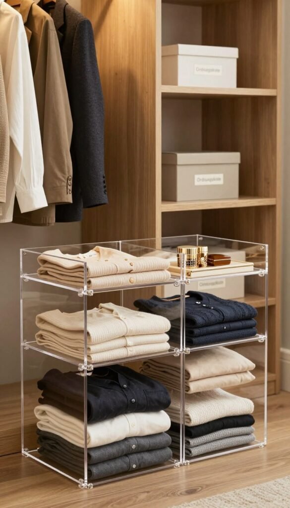 A beautifully organized modern wardrobe featuring acrylic dividers and clever shelf inserts, designed to maximize space. In the foreground, showcase neatly folded clothes and accessories, artfully arranged within the acrylic sections creating a harmonious layout. The middle includes stylish wooden shelves, adorned with decorative boxes labeled 'Ordnungskiste', enhancing the sophisticated feel. In the background, soft ambient lighting casts warm hues across the clothes, giving a cozy and inviting atmosphere. The scene is captured with a slight depth-of-field effect, focusing on the organizational elements while maintaining a blurred background. Emphasize a natural aesthetic with earthy tones, avoiding any text or distracting elements, to reflect a Pinterest-worthy space that embodies elegance and practicality.