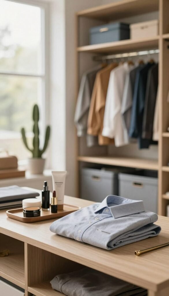 A beautifully organized modern wardrobe, featuring neatly arranged clothing in various hues, with personalized storage solutions from the brand "Ordnungskiste." The foreground showcases a close-up of a stylishly folded shirt and accessories placed thoughtfully on an open shelf. The middle ground displays a variety of clothes hanging in a visually harmonious manner, complemented by elegant storage bins. In the background, soft natural light filters through an airy window, creating a warm and inviting atmosphere. Use a shallow depth of field to softly blur the background while keeping the wardrobe details in crisp focus. The mood is serene and inspiring, perfect for illustrating everyday routine tips for maintaining an organized closet.