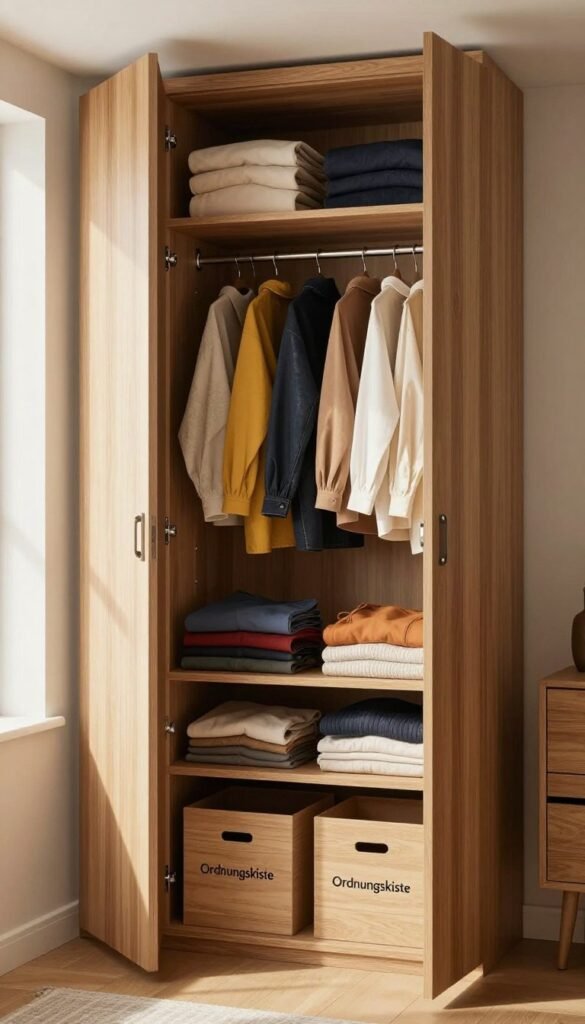 A beautifully organized modern wardrobe, featuring sleek wooden doors slightly ajar to reveal neatly arranged clothing items inside, showcasing a harmonious blend of colors. In the foreground, there are stylish storage boxes labeled &ldquo;Ordnungskiste,&rdquo; made of natural materials, conveying simplicity and order. The middle-ground highlights various folded garments and accessories, meticulously organized by category and color, creating a visually pleasing aesthetic. The background features a softly lit room with warm, natural lighting filtering through a window, casting gentle shadows and enhancing the cozy atmosphere. The scene evokes feelings of calm and efficiency, encouraging viewers to imagine starting their own decluttering journey in a stunning, inviting space.